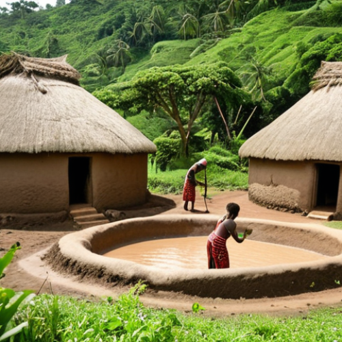Home 11 **A Kikuyu mud house village nestled in a lush green landscape. Focus on the round shapes of the houses and the thatched roofs. Women are applying mud to the walls. Capture the harmony between the houses and nature. Warm, natural lighting.**