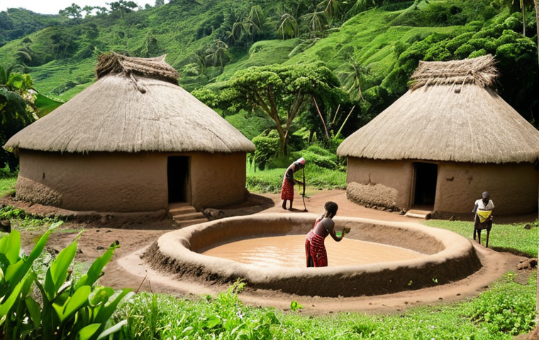 **A Kikuyu mud house village nestled in a lush green landscape. Focus on the round shapes of the houses and the thatched roofs. Women are applying mud to the walls. Capture the harmony between the houses and nature. Warm, natural lighting.**