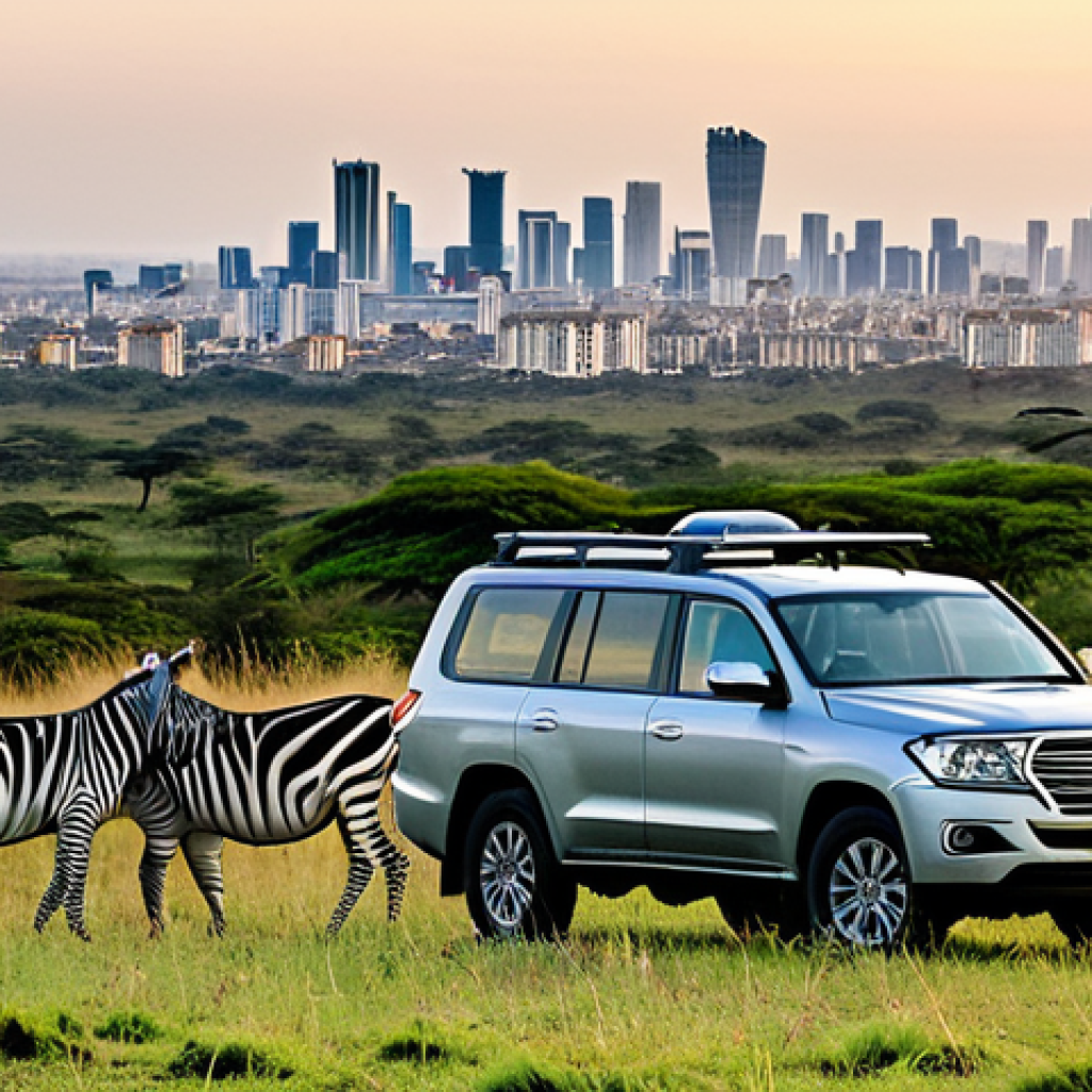 Nairobi National Park Safari**

"A professional photograph of a safari vehicle in Nairobi National Park at sunrise, fully clothed tourists are observing a herd of zebras grazing in the foreground with the Nairobi skyline in the distance, safe for work, appropriate content, fully clothed, professional, perfect anatomy, correct proportions, well-formed hands, proper finger count, natural body proportions, modest attire, family-friendly."

**
