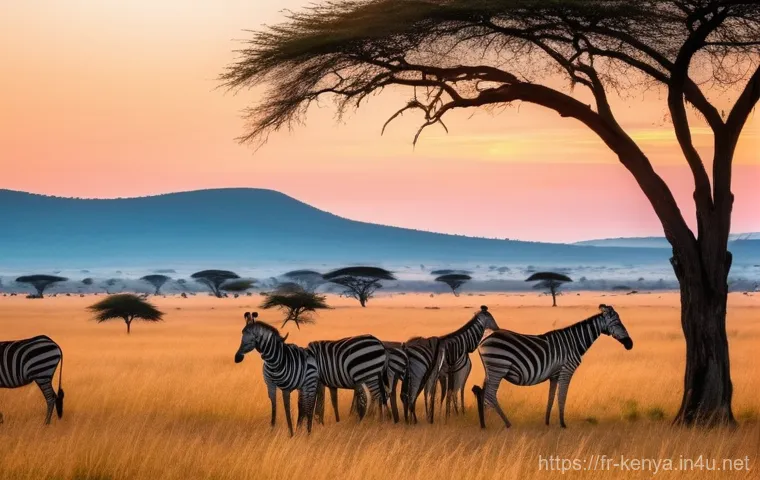 마사이마라 국립공원 - Prompt 1: Serene Maasai Mara Sunrise with Grazing Wildlife**