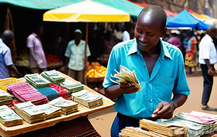 케냐의 화폐와 환전 - **Vibrant Kenyan Market Negotiation**: A lively and colorful outdoor market scene in Kenya. A friend...