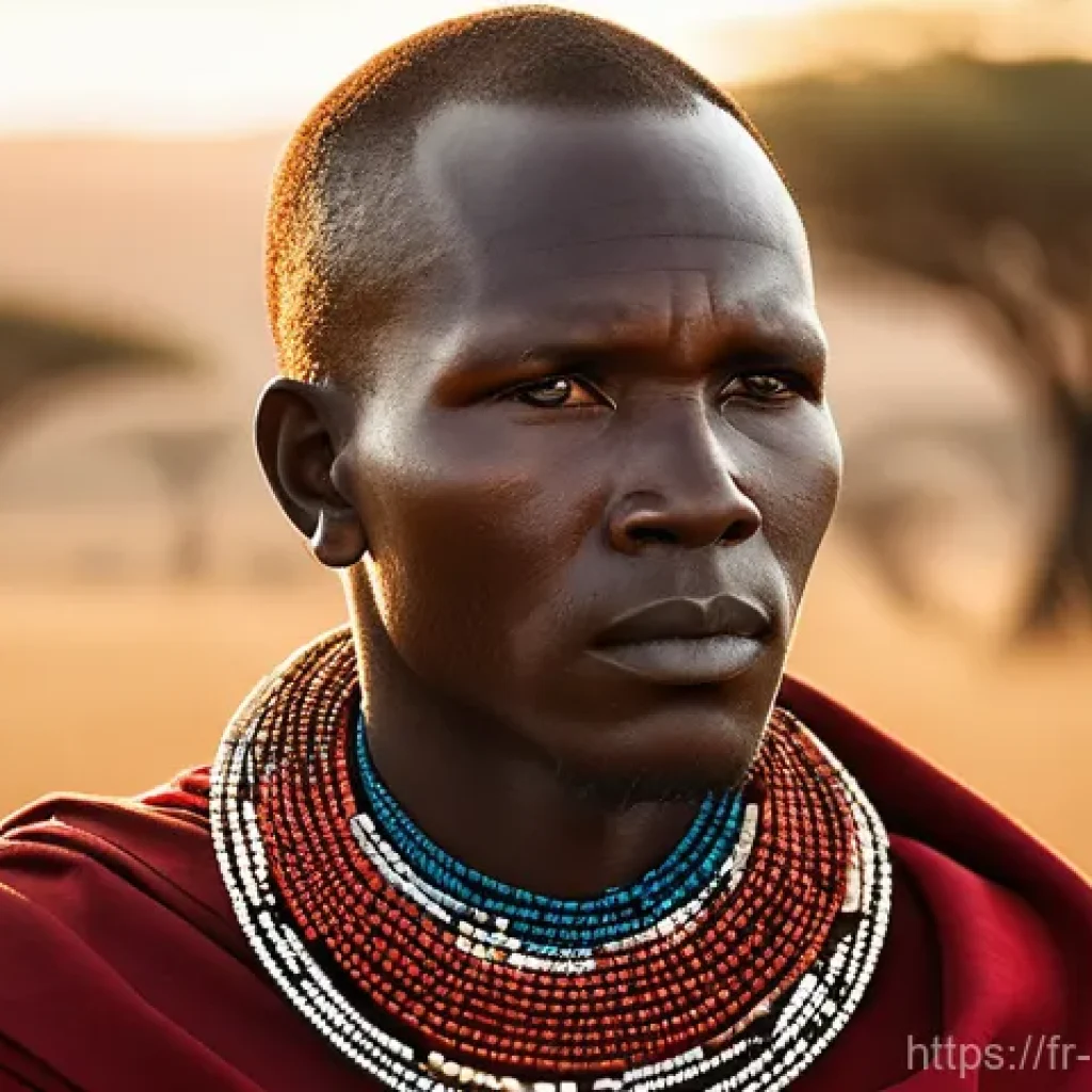 마사이족 문화 - A powerful and regal Maasai warrior stands proudly in the golden hour light of the African savanna. ...