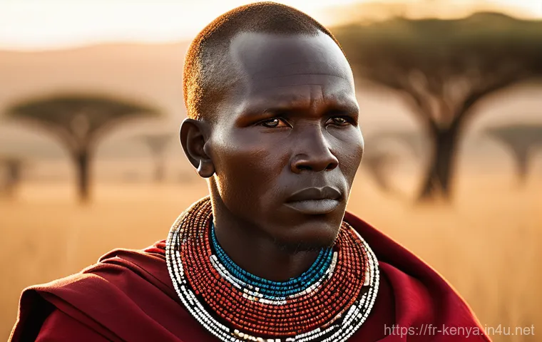 마사이족 문화 - A powerful and regal Maasai warrior stands proudly in the golden hour light of the African savanna. ...