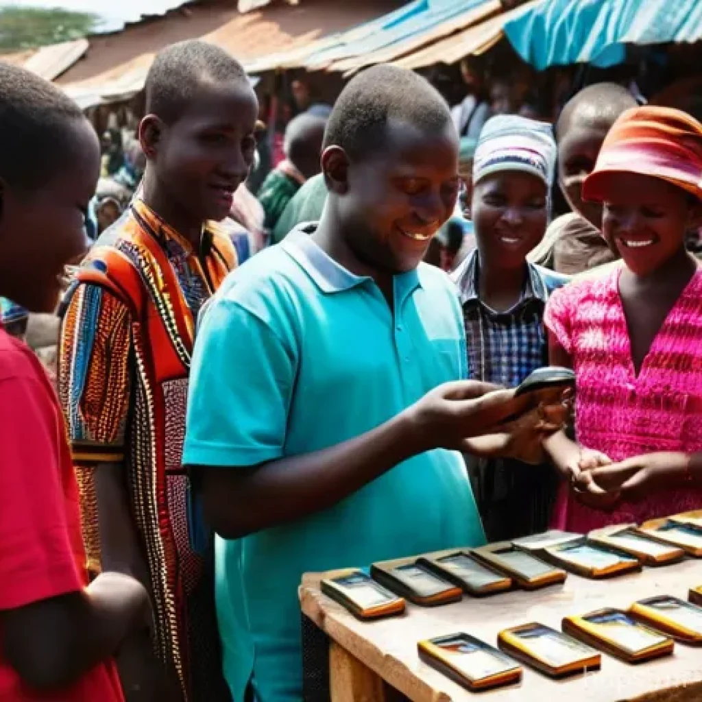 케냐 인터넷 사용률 - **Vibrant Kenyan Mobile Market Scene:** A bustling outdoor market in Kenya, filled with diverse peop...