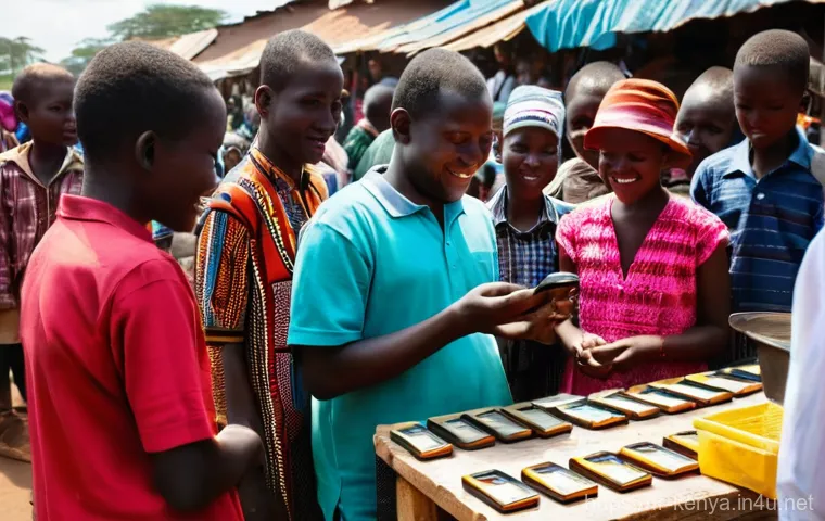케냐 인터넷 사용률 - **Vibrant Kenyan Mobile Market Scene:** A bustling outdoor market in Kenya, filled with diverse peop...
