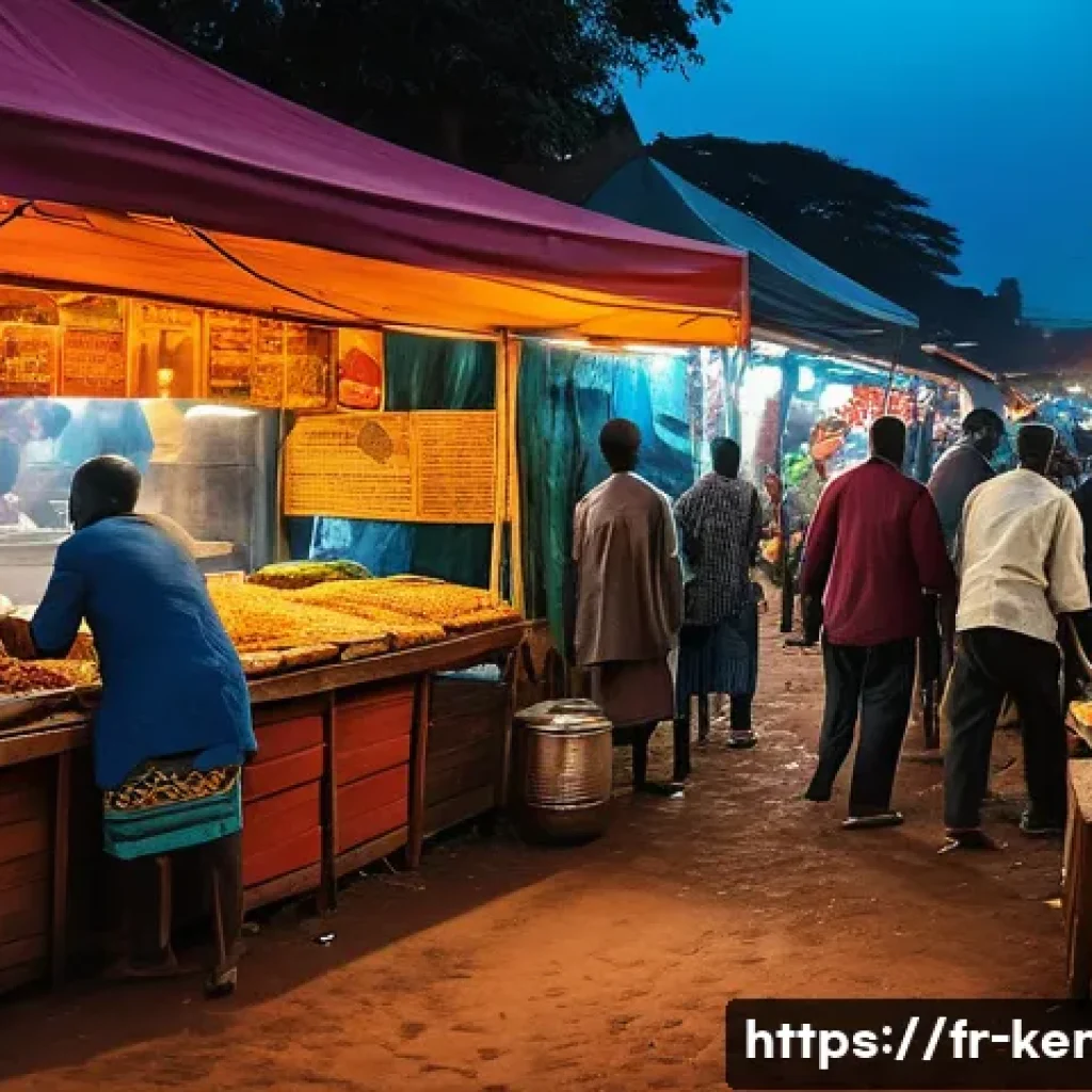케냐의 대표 요리 - A vibrant Kenyan street food market scene in Nairobi at sunset, showcasing colorful stalls with vend...