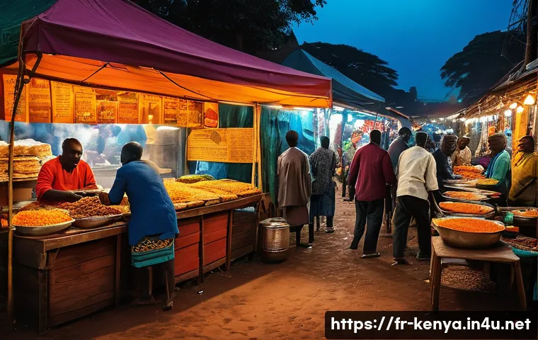 케냐의 대표 요리 - A vibrant Kenyan street food market scene in Nairobi at sunset, showcasing colorful stalls with vend...