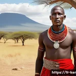 케냐의 전통 의상 - A Maasai warrior standing proudly in a vibrant red sh&uacute;k&agrave; with bold stripes, adorned with intricate m...