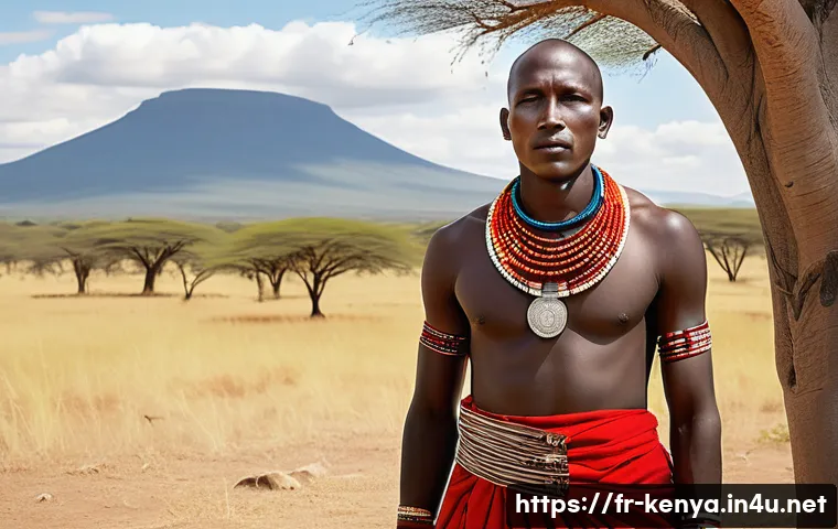 케냐의 전통 의상 - A Maasai warrior standing proudly in a vibrant red shúkà with bold stripes, adorned with intricate m...