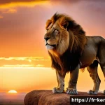 케냐의 빅파이브 동물 - A majestic male lion with a golden mane standing proudly on a rocky outcrop overlooking the African ...