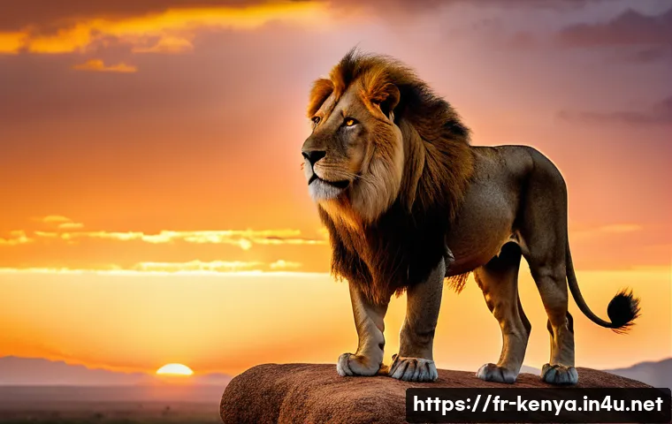 케냐의 빅파이브 동물 - A majestic male lion with a golden mane standing proudly on a rocky outcrop overlooking the African ...