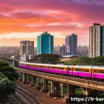 케냐 도시 개발 현황 - A bustling Nairobi cityscape at sunset showcasing the modern Nairobi Commuter Rail train gliding smo...