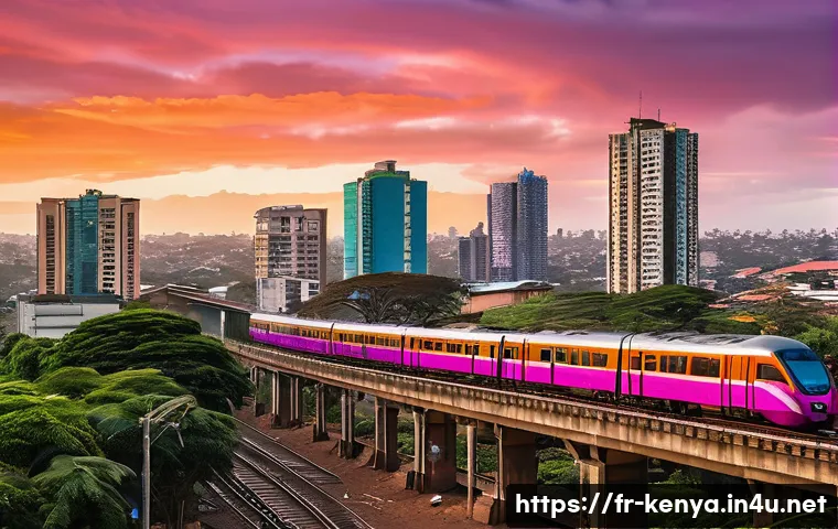 케냐 도시 개발 현황 - A bustling Nairobi cityscape at sunset showcasing the modern Nairobi Commuter Rail train gliding smo...