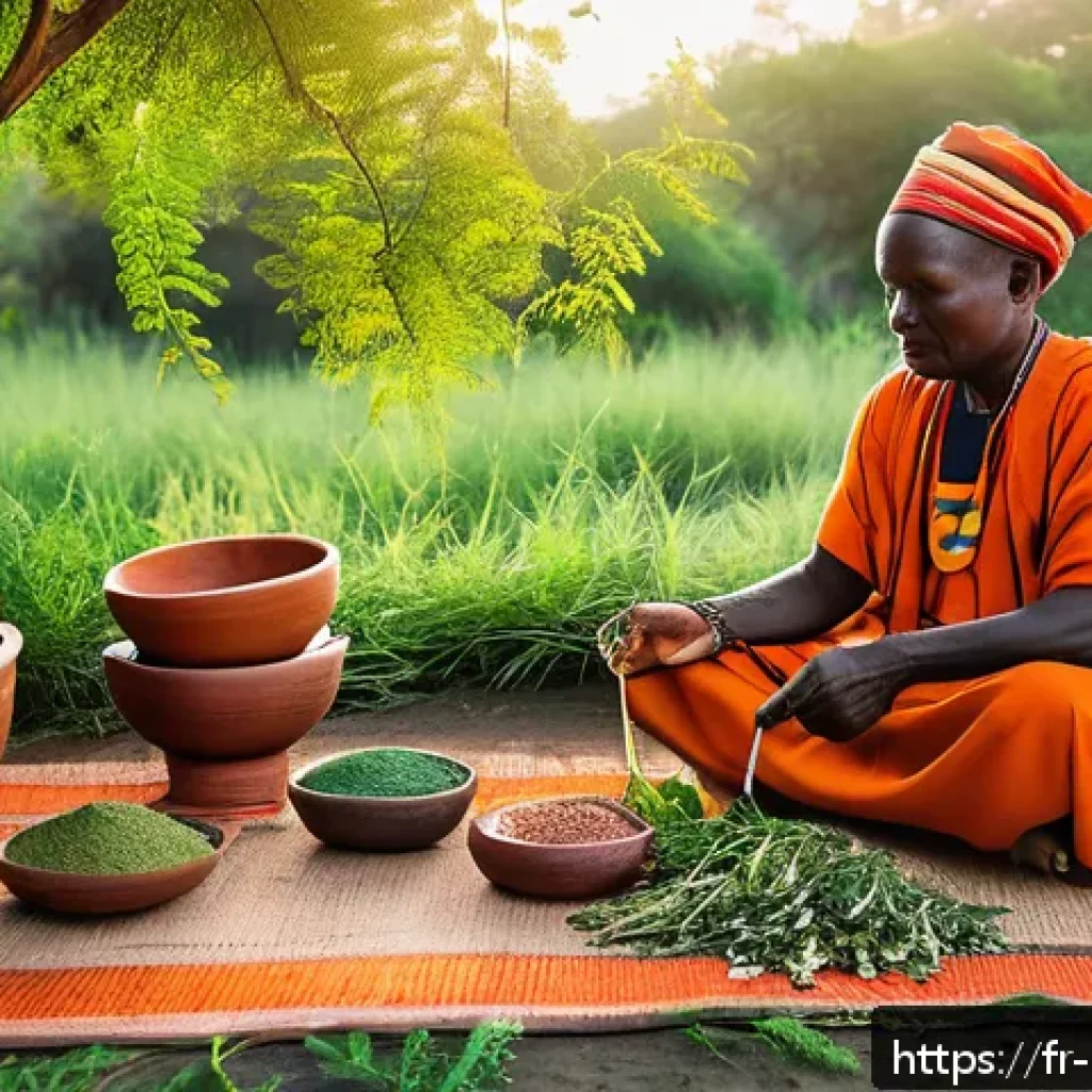 케냐 전통 치료법 - A detailed scene of a traditional Kenyan healer&rsquo;s outdoor herbal workshop at sunrise, surrounded by ...