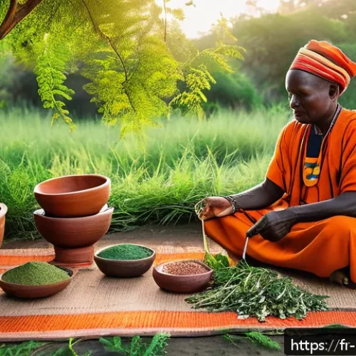 케냐 전통 치료법 - A detailed scene of a traditional Kenyan healer&rsquo;s outdoor herbal workshop at sunrise, surrounded by ...