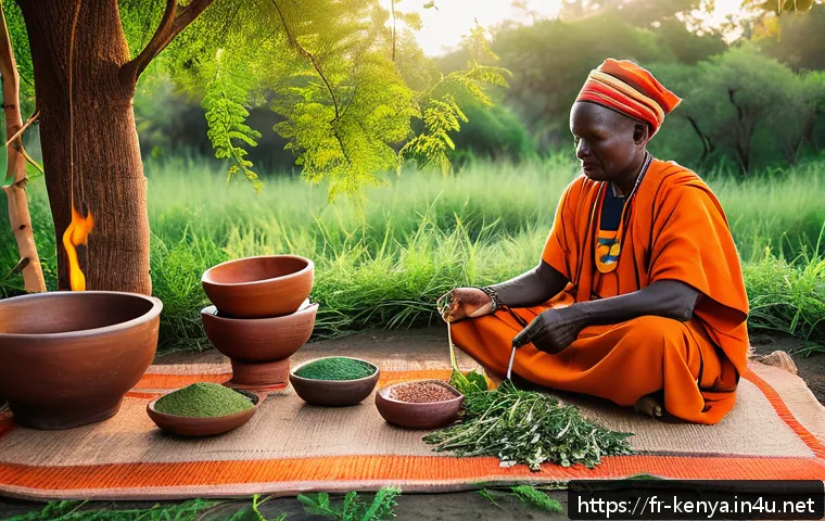 케냐 전통 치료법 - A detailed scene of a traditional Kenyan healer’s outdoor herbal workshop at sunrise, surrounded by ...