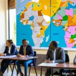 케냐의 민주주의 발전 - A vibrant scene of a Kenyan local government meeting in a modern county hall, featuring diverse comm...