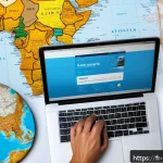 케냐 항공권 구매 팁 - A detailed travel planning scene showing a French traveler at home surrounded by maps, a laptop disp...