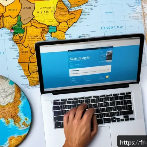 케냐 항공권 구매 팁 - A detailed travel planning scene showing a French traveler at home surrounded by maps, a laptop disp...