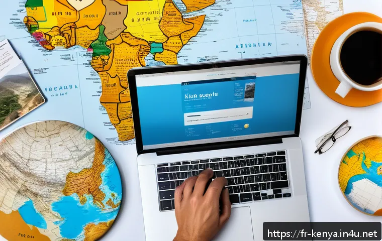 케냐 항공권 구매 팁 - A detailed travel planning scene showing a French traveler at home surrounded by maps, a laptop disp...