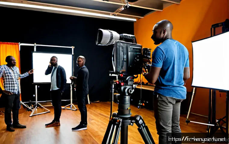 Home 17 케냐의 영화 산업 - Photorealistic cinematic scene inside a contemporary Nairobi film studio, Kenyan director and divers...