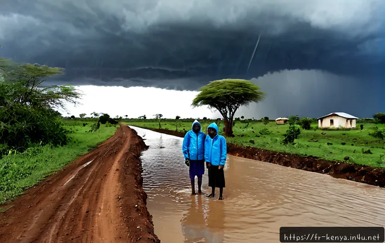 Home 13 케냐의 자연재해 기록 - Photorealistic documentary scene of severe flooding in rural Kenya, a muddy river overflowing across...