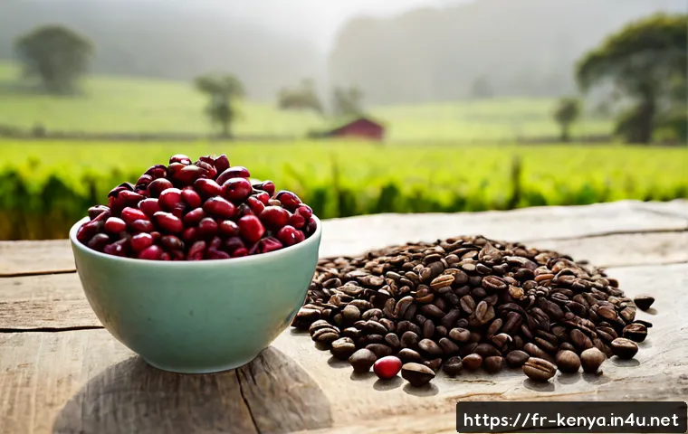 Home 15 케냐의 지역별 특산물 - Photorealistic still life of Kenyan Central Highlands specialty products: ripe red coffee cherries, ...