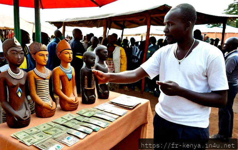 케냐의 예술 시장 - Photorealistic Nairobi art market scene for a French-speaking travel audience, a Kenyan artist stand...